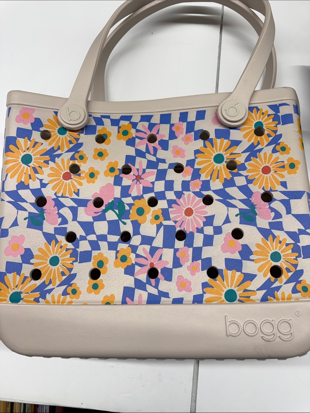 NEW BOGG BAG Cream Floral Checkered Tote with Yellow & Pink Flowers